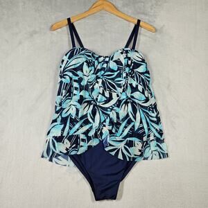 Lands End One Piece Swimsuit Womens Sz 12 Mesh Bandeau High Leg Fauxkini Floral